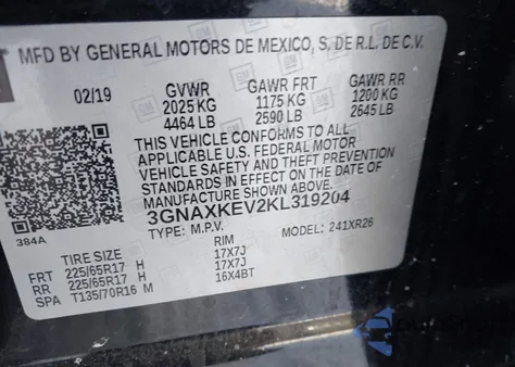 2019 Chevrolet Equinox Lt z USA, uszkodzony, nr VIN 3GNAXKEV2KL319204